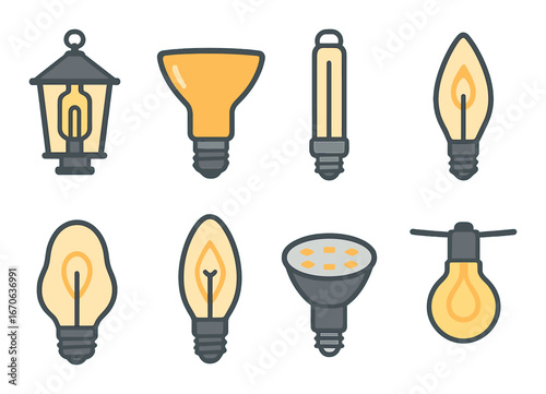 Various types of light bulbs and lamps - cartoon illustration