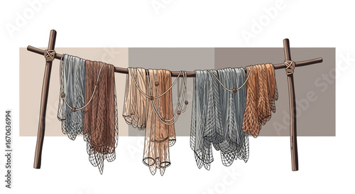 Vintage Fishing Nets Hung to Dry On Wooden Frame Detailed Illustration