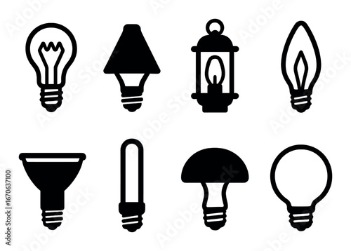 Black silhouettes of various lightbulb designs on dark background