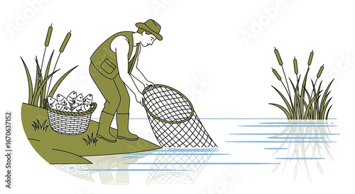 Vintage Style Illustration of Fisherman Catching Fish With Net by the River