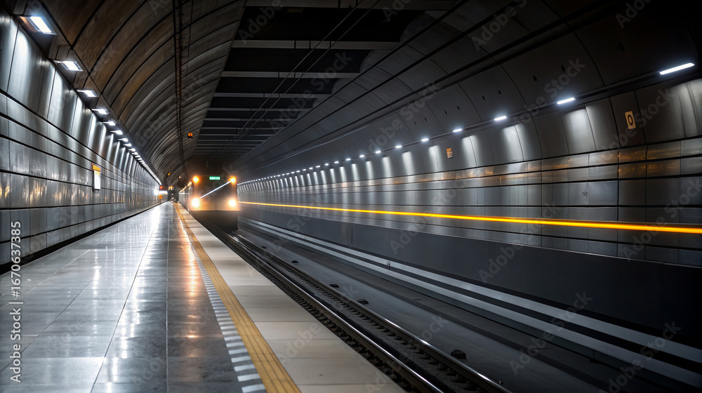 High speed train arrives at futuristic underground metro station platform with modern architecture High speed train arrives at futuristic underground metro station platform with modern architecture