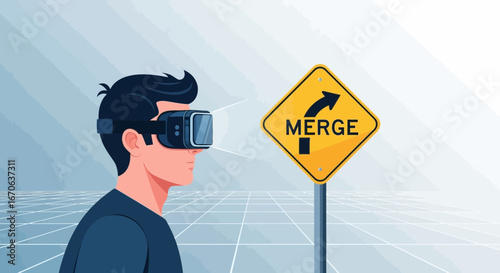 Virtual Reality Merge A Man Wearing Vr Glasses Beside Merge Street Sign