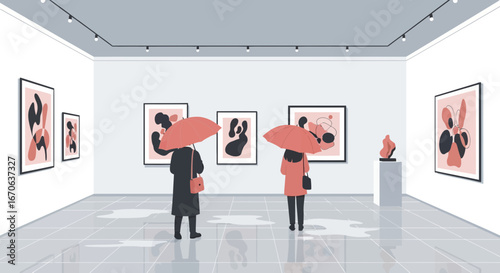 Visitors explore abstract art in a modern art gallery during rainy weather indoors
