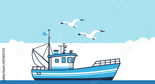 Vivid Cartoon of Fishing Boat in Sea with Seagulls in the Sky