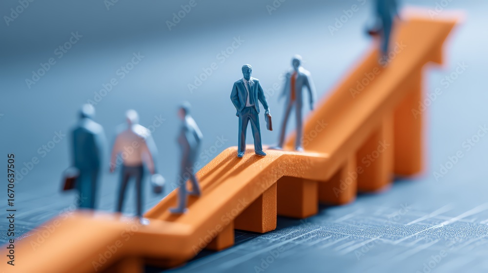 Fototapeta premium Miniature figures climbing an orange graph symbolizing growth and success in business.