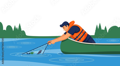 Volunteer Cleans River On A Canoe, Maintaining The Ecosystem Balance
