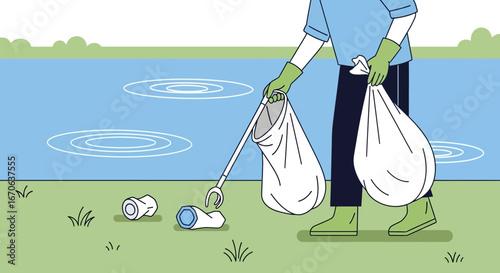 Volunteer Clearing Litter at the Lakeside with Grabber and Bags Full of Trash