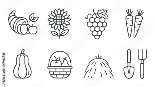 Outline of autumn harvest symbols featuring cornucopia and vegetables on gradient background