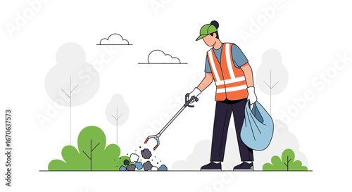 Volunteer Collects Trash Outdoors To Keep Environment Clean And Healthy