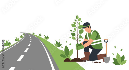 Volunteer Planting Tree By Roadside For Environmental Conservation Project
