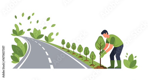Volunteer Planting Trees Along Roadside For Green Environment Sustainability Project