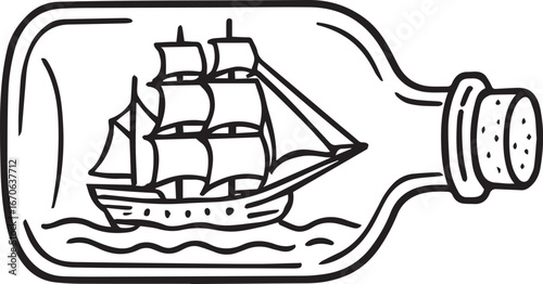 Vintage Sailing Ship in a Bottle: A classic monochrome illustration showcases a traditional sailing ship, expertly crafted and preserved within a glass bottle. A timeless symbol of adventure.