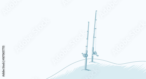 Waiting For a Bite Two Ice Fishing Rods Stand Ready on a Frozen Hill