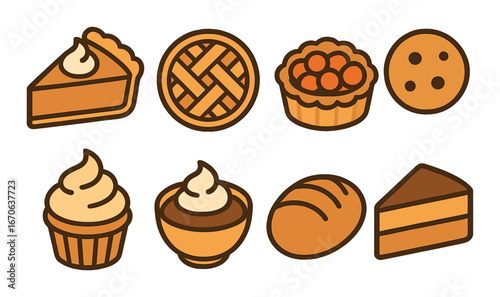 Assorted cartoon baked goods collection with pies and pastries
