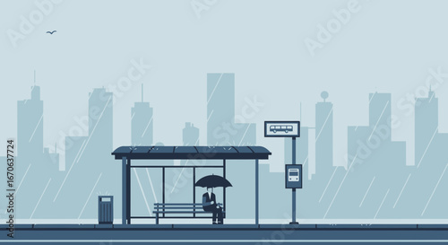 Waiting For The Bus Silhouette In Rainy City Downtown Street Minimal Design