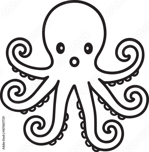 Octopus Cartoon Illustration: A charming cartoon octopus, showcasing its eight tentacles and expressive features, is ready to be brought to life with colors.