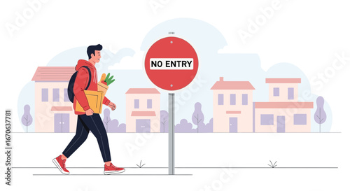 Walking Past Prohibited Street After Shopping Carrying Bag With Foodstuffs