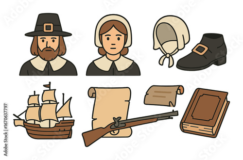 Pilgrim symbols and artifacts: historical ship, attire, weapon, documents, and literature