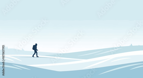 Wanderer In Winter Minimalist Style Landscape Journey With Backpack
