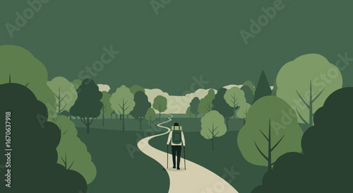 Wanderer On Forest Trail Amidst Trees In The Mountains Journey Illustration