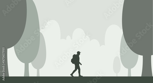Wanderer Silhouette Amidst Ethereal Woodland Scene In Calm Monochrome Backdrop