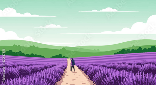 Wanderer On Serene Path Through Blooming Lavender Fields With Rolling Hills