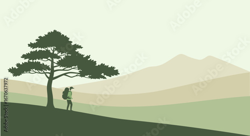 Wanderer Underneath Tall Tree In Serene Mountain Landscape Illustration