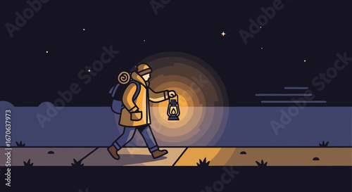 Wanderer With Lantern Exploring Night Landscape Illustration Graphics Style