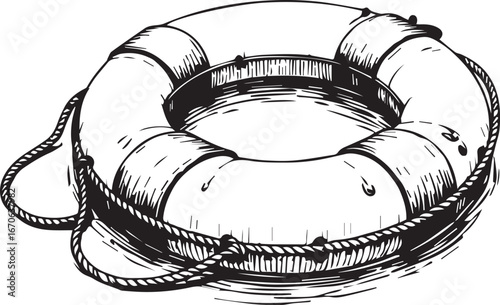 Life Ring: A lifeline is a vintage, intricately-etched artwork of a life ring, set against a backdrop of subtly depicted waves. The lifebuoy, a symbol of safety and rescue.