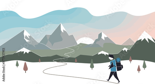 Wanderer's Journey Into Majestic Mountains During Dawn Adventure Flat Illustration
