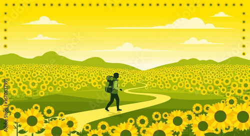 Wanderer's Journey Through Endless Fields Of Vibrant Sunflowers In Summer Day