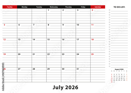 July 2026 Monthly Desk Pad Calendar week starts from sunday, size A3.