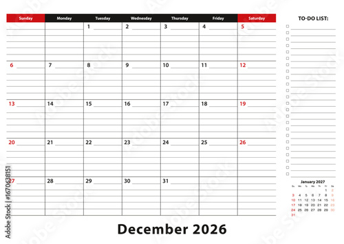 December 2026 Monthly Desk Pad Calendar week starts from sunday, size A3.