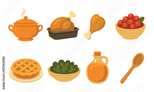 Illustration of thanksgiving dishes and utensils with warm tones