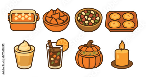 Autumn feast icons featuring various foods and drinks with warm candlelight ambiance