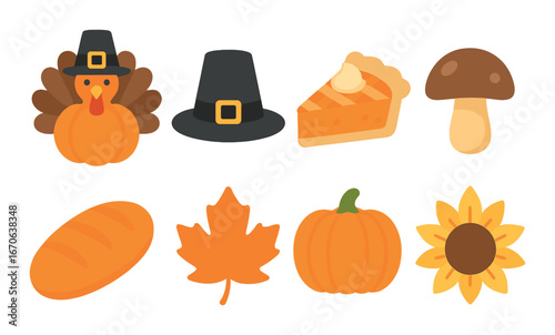 Thanksgiving symbols with turkey, pie, pumpkin, and autumn leaves