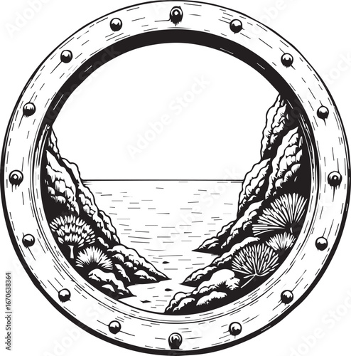 Seascape View Through Porthole: A captivating seascape unfolds through a porthole, revealing a scenic vista of rugged cliffs meeting the tranquil sea.