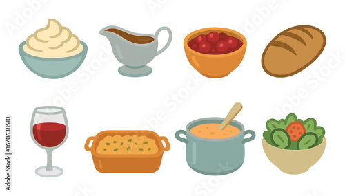 Traditional thanksgiving dinner items: mashed potatoes, gravy, cranberry sauce