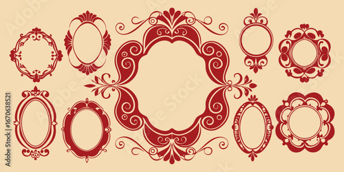 Vintage. Frame. Ornate. A classic vector set of red decorative frames with baroque flourishes for a wedding invitation, a certificate, a diploma, or a luxury brand's logo design asset.