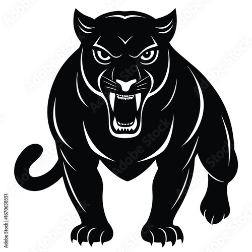 Black silhouette of an aggressive panther with bared teeth and claws on a white background jaguar