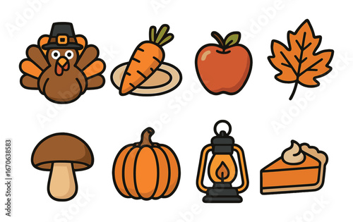 Thanksgiving icons: turkey, carrot, apple, leaf, mushroom, pumpkin, lantern, pie