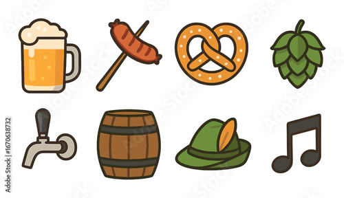 Oktoberfest icons: beer, sausage, pretzel, hops, tap, barrel, hat, music note