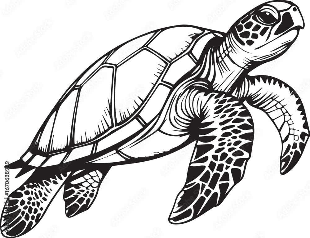 Fototapeta premium Majestic Turtle's Serene Voyage: A stunning illustration of a sea turtle gracefully navigating the deep, its form elegantly captured with detailed linework, inviting viewers into its tranquil realm.