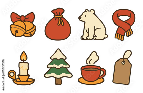 Charming winter icons featuring bells, bear, candle, and holiday elements