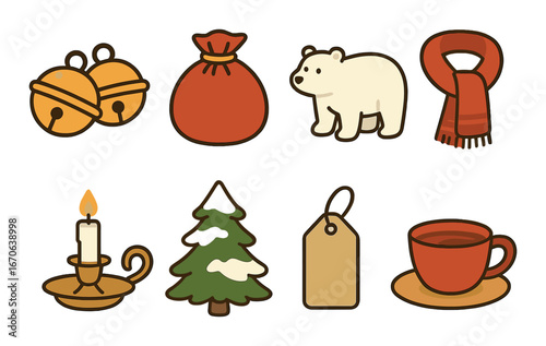Christmas icons: bells, gift bag, polar bear, scarf, candle, tree, tag, teacup