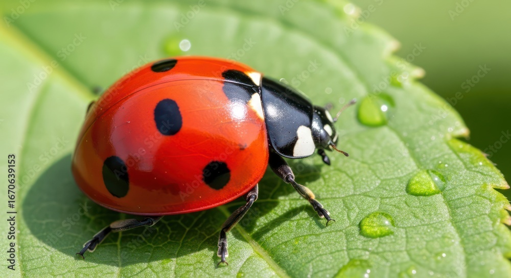 Naklejka premium Close-up of a ladybug on a green leaf with water droplets.