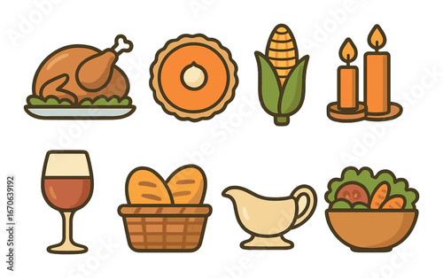 Thanksgiving feast icons: turkey, pie, corn, candles, wine, bread, gravy, salad