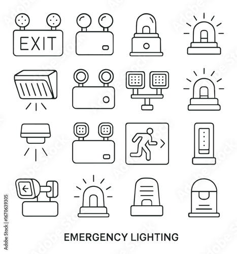 Emergency lighting icons: exit signs, sirens, floodlights, and directional indicators