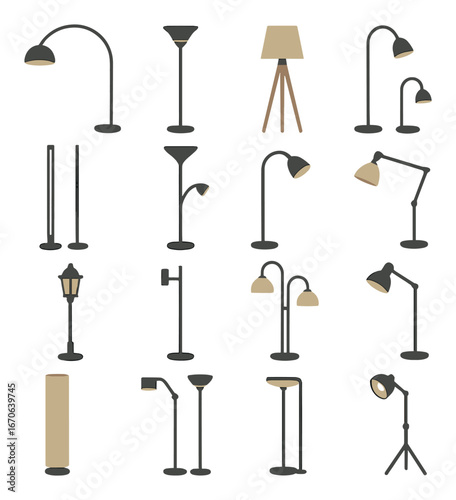 Variety of modern floor lamps on soft background