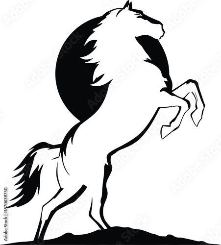 Black Silhouette of Rearing Horse with Flowing Mane Positioned Against Solid Circular Backdrop, Standing on Ground Patch, Depicted in Dramatic Contrast to Symbolize Strength, Motion, and Heroic 